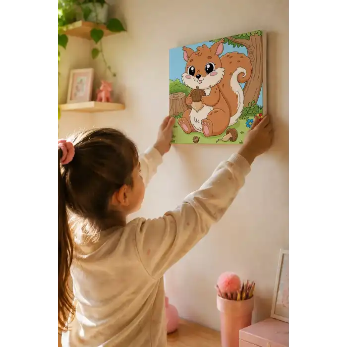 Sevimli Sincap Temalı Çocuk Boyama Tuvali – Şövalesiz Eğitici Boyama Seti 20x20 cm