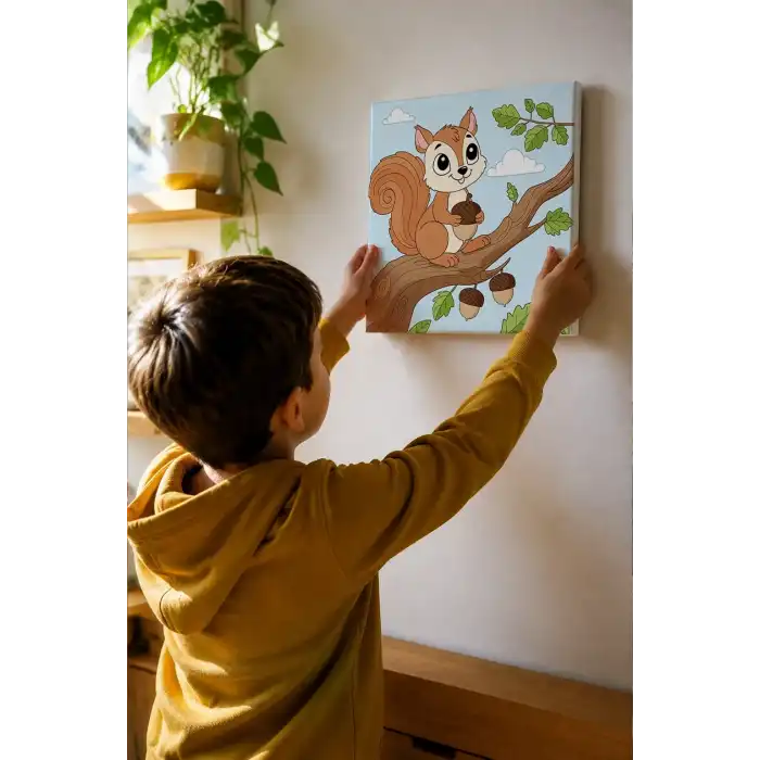 Sevimli Sincap Temalı Çocuk Boyama Tuvali – Şövalesiz Eğitici Boyama Seti 20x20 cm