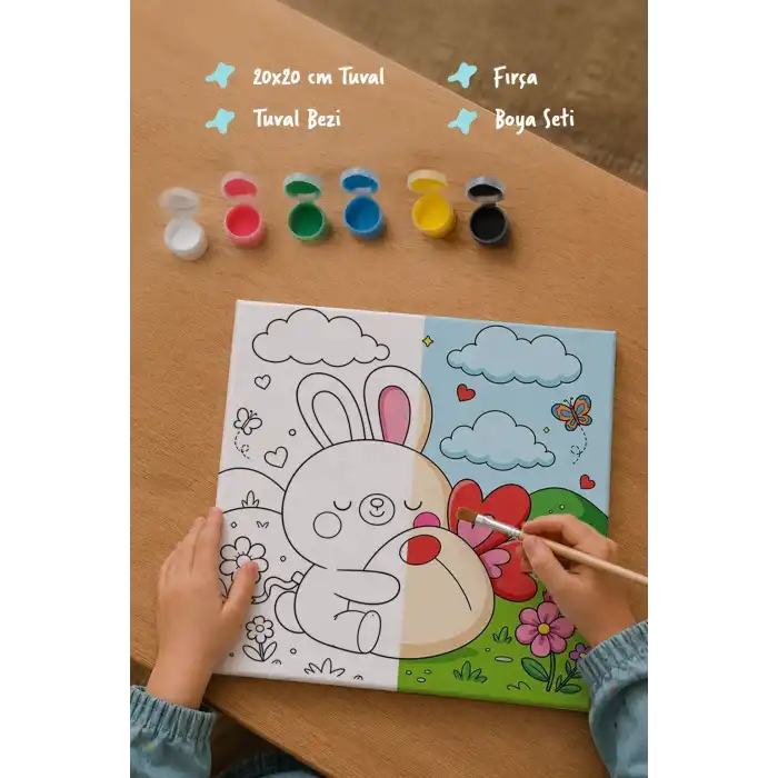 Sevimli Tavşan Boyama Tuvali – Şövalesiz Boya Seti 20x20