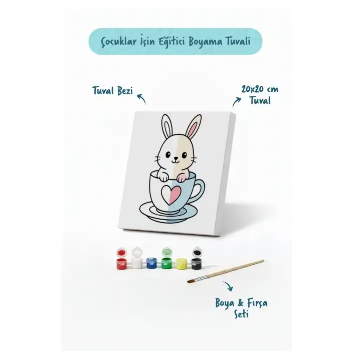 Sevimli Tavşan Temalı Çocuk Boyama Tuvali – Şövalesiz Eğitici Boyama Seti 20x20 cm