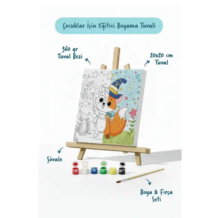 Sihirbaz Tilki Temalı Çocuk Boyama Tuvali – Şövaleli Eğitici Boyama Seti 20x20 cm