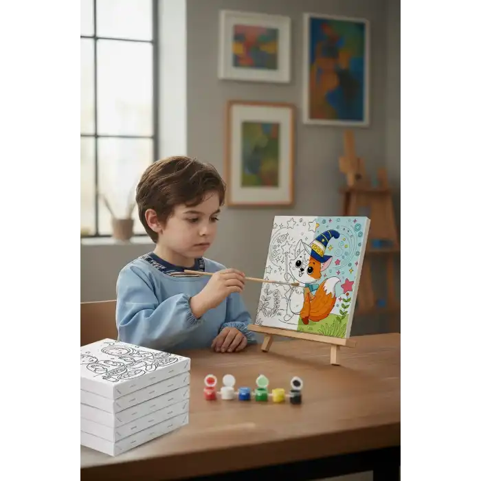 Sihirbaz Tilki Temalı Çocuk Boyama Tuvali – Şövaleli Eğitici Boyama Seti 20x20 cm
