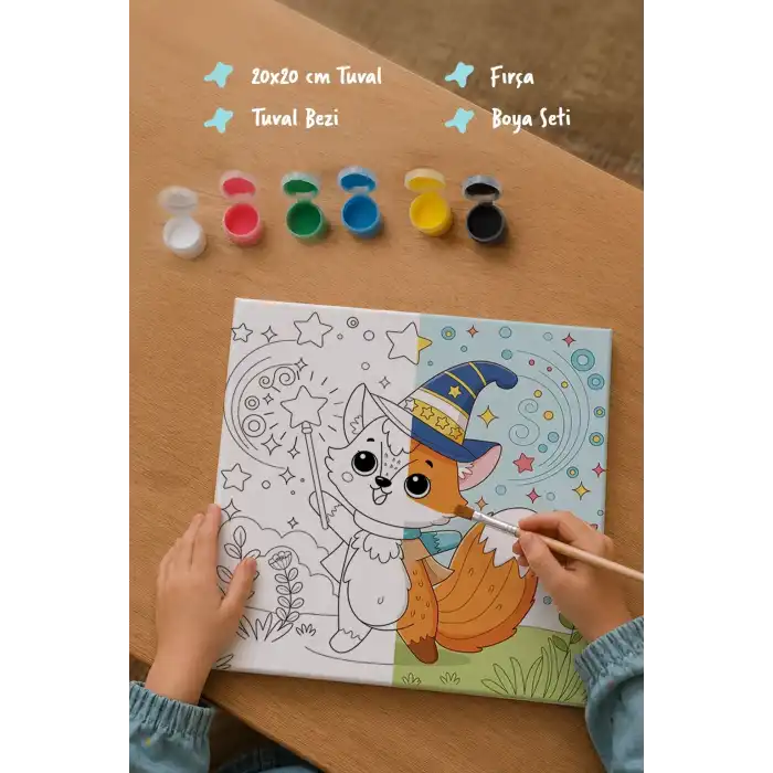 Sihirbaz Tilki Temalı Çocuk Boyama Tuvali – Şövalesiz Eğitici Boyama Seti 20x20 cm