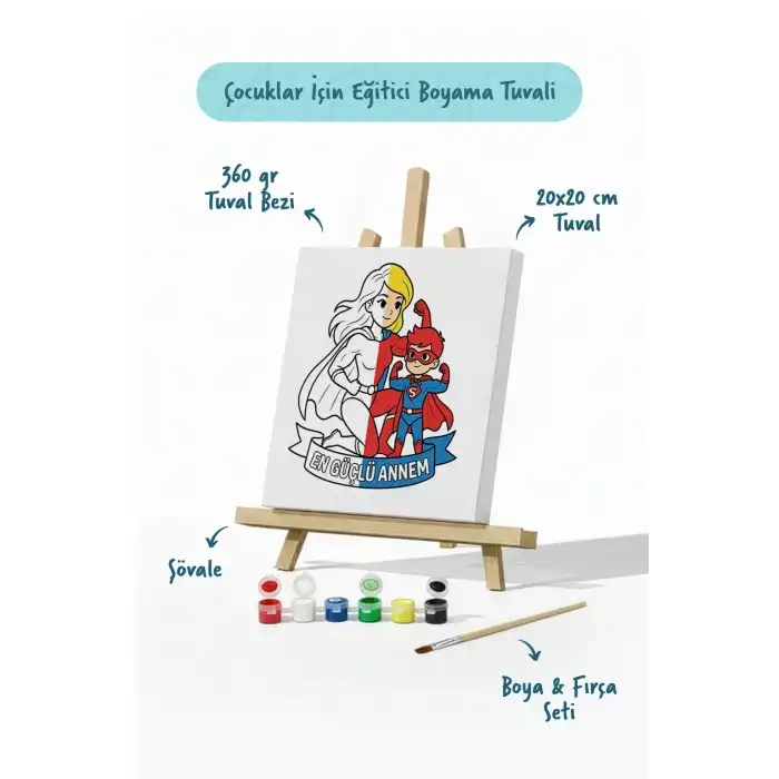 Süper Anne Temalı Boyama Tuvali Şövaleli Boya Seti 20x20 cm