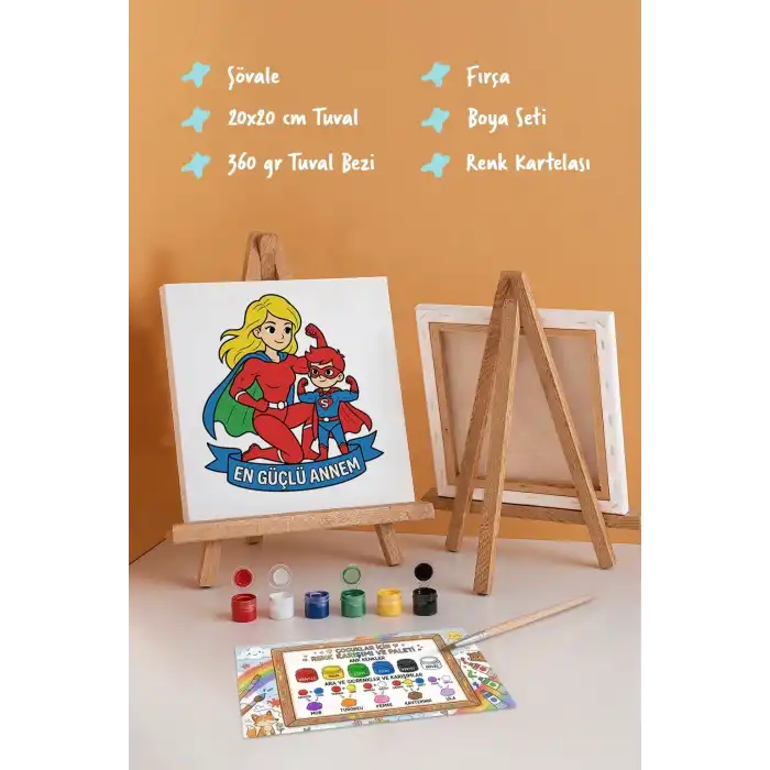 Süper Anne Temalı Boyama Tuvali Şövaleli Boya Seti 20x20 cm