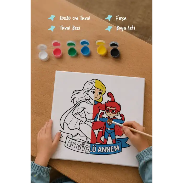 Süper Anne Temalı Boyama Tuvali Şövalesiz Boya Seti 20x20 cm