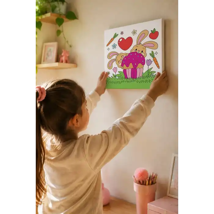 Tavşan Figürlü Çocuk Boyama Tuvali – Şövalesiz Boya Seti 20x20