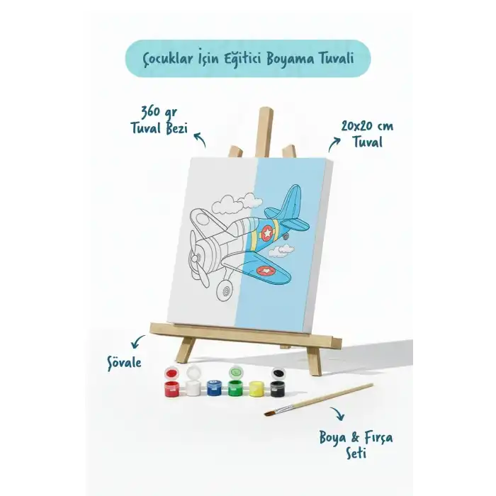 Uçak Temalı Çocuk Boyama Tuvali – Şövaleli Eğitici Boyama Seti 20x20 cm