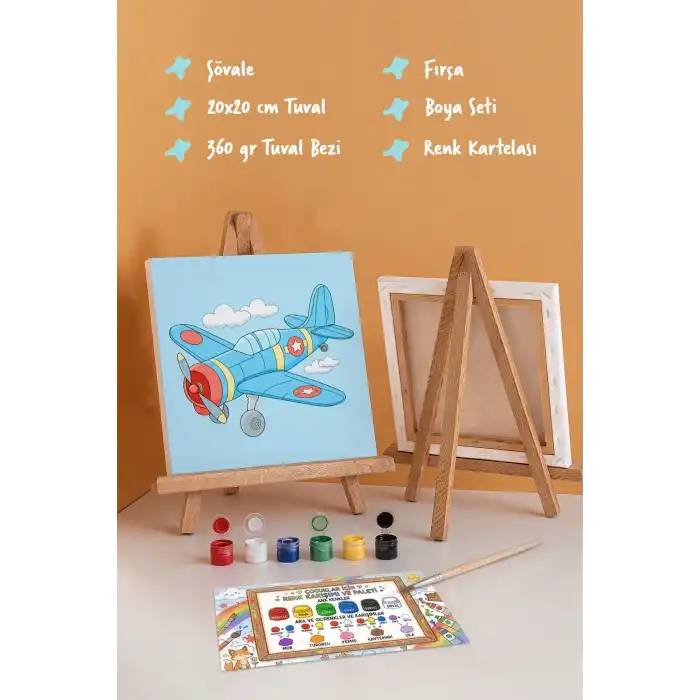 Uçak Temalı Çocuk Boyama Tuvali – Şövaleli Eğitici Boyama Seti 20x20 cm