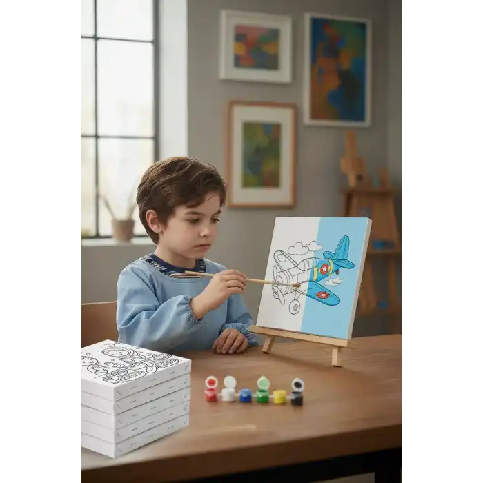 Uçak Temalı Çocuk Boyama Tuvali – Şövaleli Eğitici Boyama Seti 20x20 cm