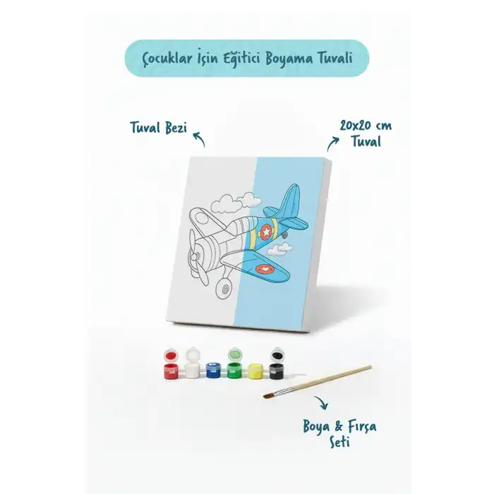 Uçak Temalı Çocuk Boyama Tuvali – Şövalesiz Eğitici Boyama Seti 20x20 cm