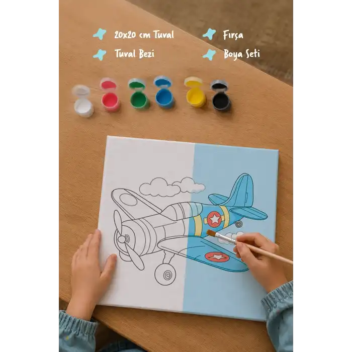 Uçak Temalı Çocuk Boyama Tuvali – Şövalesiz Eğitici Boyama Seti 20x20 cm