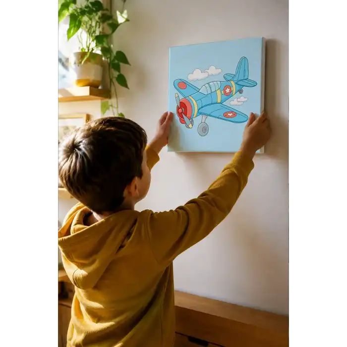 Uçak Temalı Çocuk Boyama Tuvali – Şövalesiz Eğitici Boyama Seti 20x20 cm