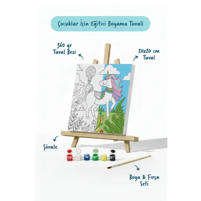 Unicorn & Doğa Temalı Çocuk Boyama Tuvali – Şövaleli Boya Seti 20x20