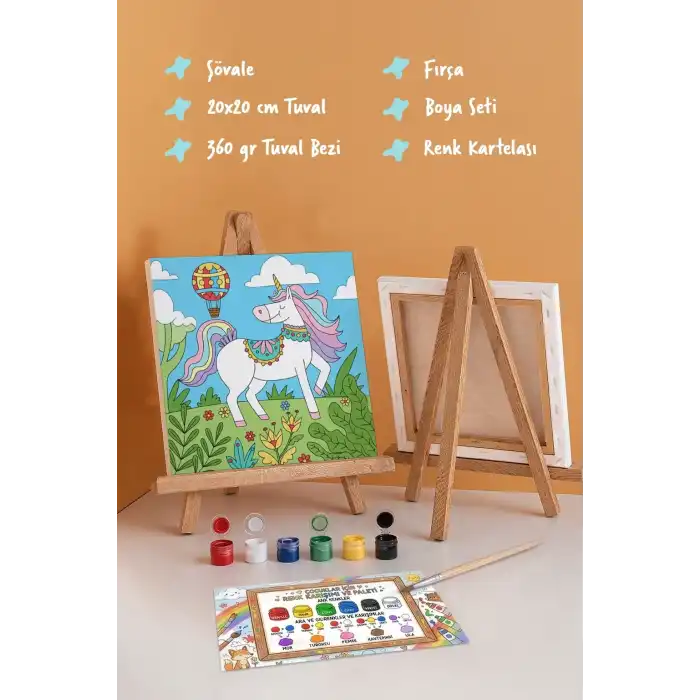 Unicorn & Doğa Temalı Çocuk Boyama Tuvali – Şövaleli Boya Seti 20x20