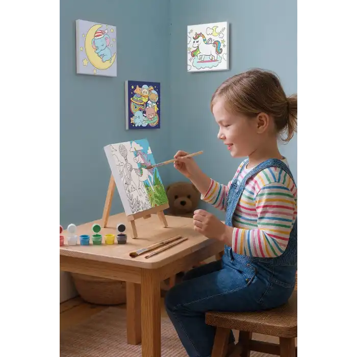 Unicorn & Doğa Temalı Çocuk Boyama Tuvali – Şövaleli Boya Seti 20x20