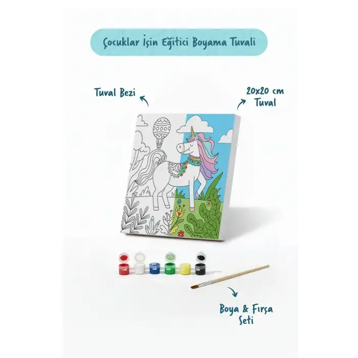 Unicorn & Doğa Temalı Çocuk Boyama Tuvali – Şövalesiz Boya Seti 20x20