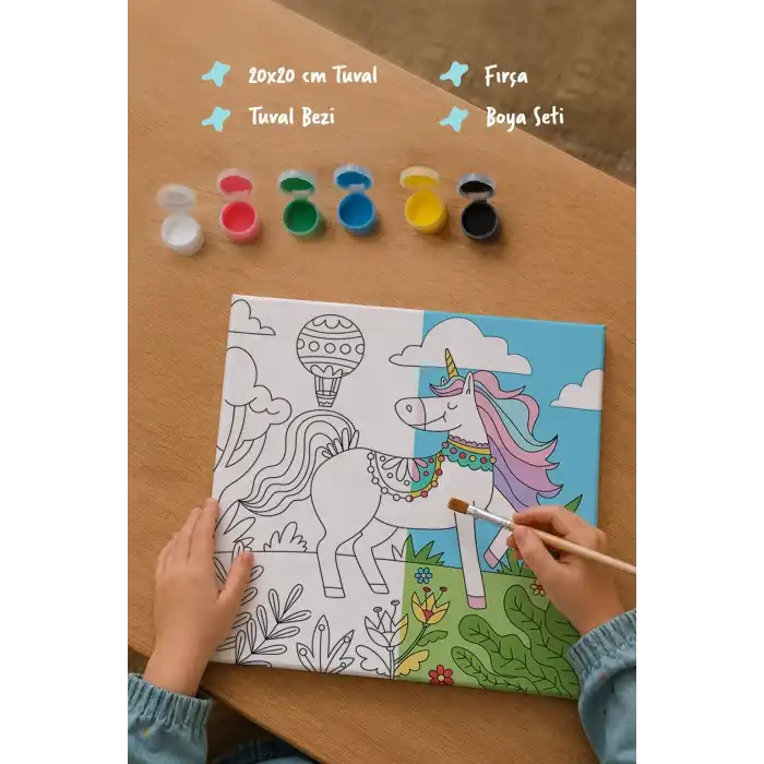 Unicorn & Doğa Temalı Çocuk Boyama Tuvali – Şövalesiz Boya Seti 20x20