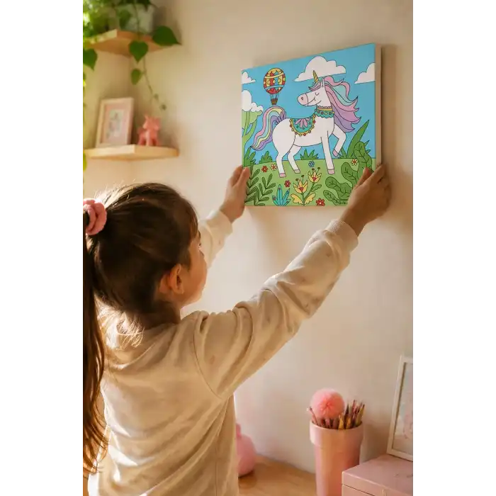 Unicorn & Doğa Temalı Çocuk Boyama Tuvali – Şövalesiz Boya Seti 20x20