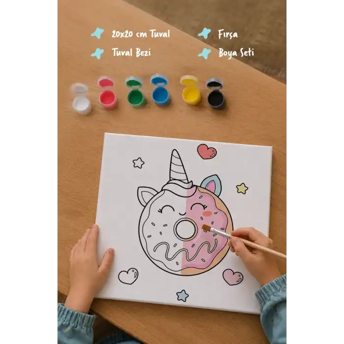 Unicorn Donut Boyama Tuvali – Şövalesiz Boya Seti 20x20