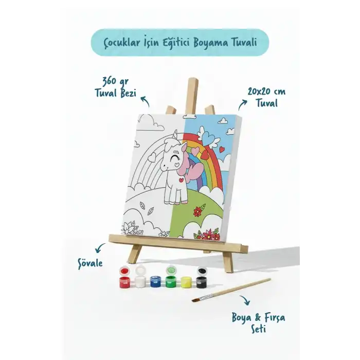 Unicorn Figürlü Çocuk Boyama Tuvali – Şövaleli Boya Seti 20x20