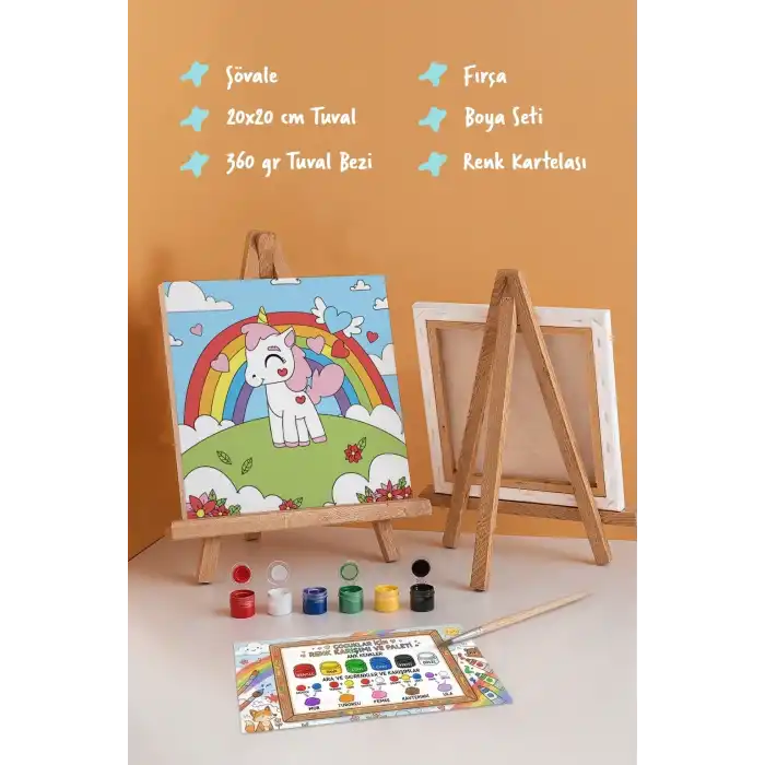 Unicorn Figürlü Çocuk Boyama Tuvali – Şövaleli Boya Seti 20x20