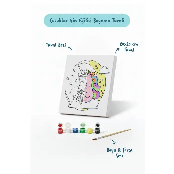 Unicorn Figürlü Çocuk Boyama Tuvali – Şövalesiz Boya Seti 20x20