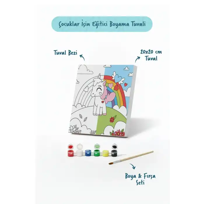 Unicorn Figürlü Çocuk Boyama Tuvali – Şövalesiz Boya Seti 20x20