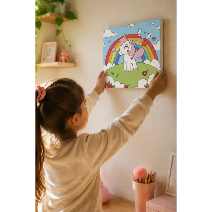 Unicorn Figürlü Çocuk Boyama Tuvali – Şövalesiz Boya Seti 20x20