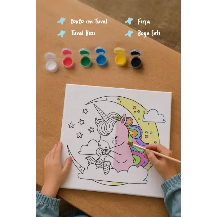 Unicorn Figürlü Çocuk Boyama Tuvali – Şövalesiz Boya Seti 20x20