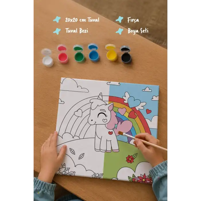 Unicorn Figürlü Çocuk Boyama Tuvali – Şövalesiz Boya Seti 20x20