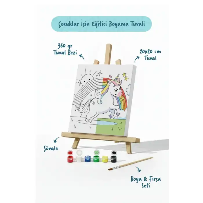 Unicorn & Gökkuşağı Figürlü Çocuk Boyama Tuvali – Şövaleli Boya Seti 20x20