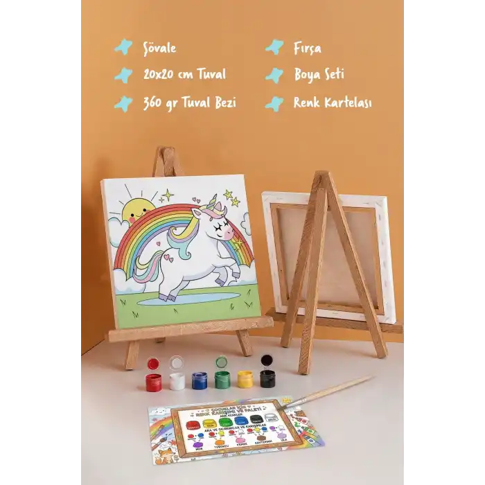 Unicorn & Gökkuşağı Figürlü Çocuk Boyama Tuvali – Şövaleli Boya Seti 20x20