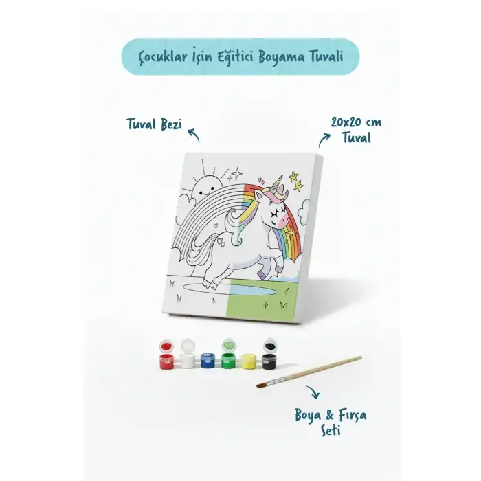 Unicorn & Gökkuşağı Figürlü Çocuk Boyama Tuvali – Şövalesiz Boya Seti 20x20