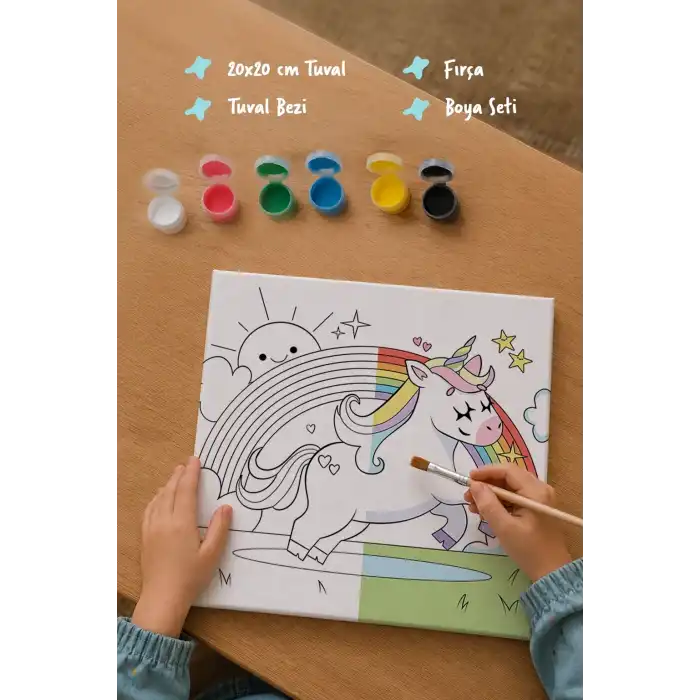 Unicorn & Gökkuşağı Figürlü Çocuk Boyama Tuvali – Şövalesiz Boya Seti 20x20