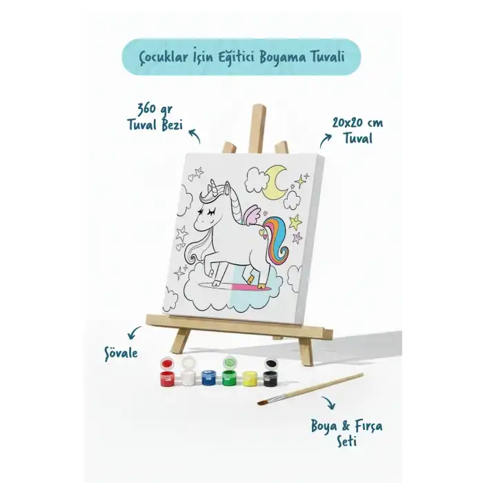 Unicorn Temalı Çocuk Boyama Tuvali Seti – Şövaleli Eğitici Boyama Seti 20x20 cm