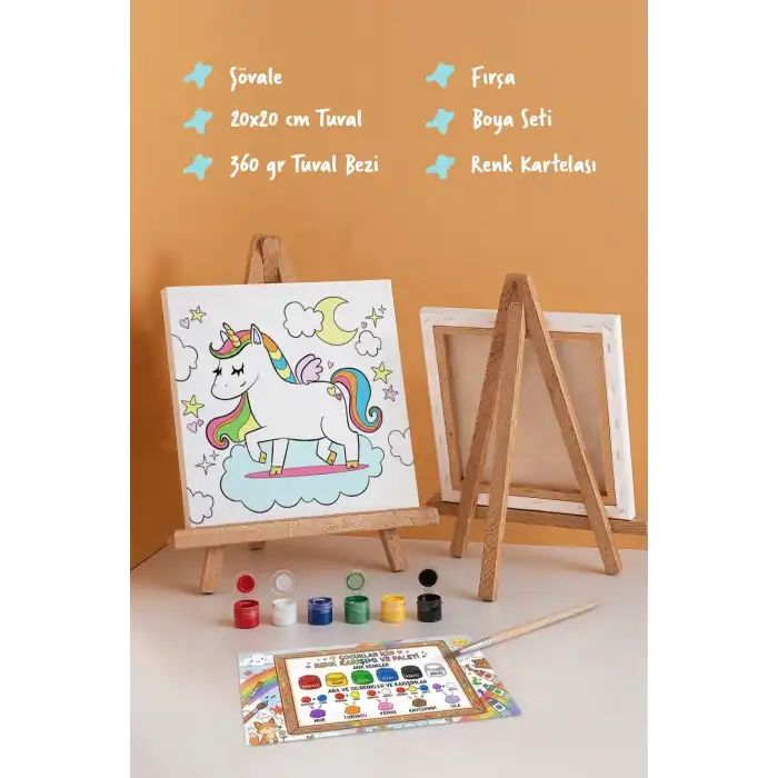 Unicorn Temalı Çocuk Boyama Tuvali Seti – Şövaleli Eğitici Boyama Seti 20x20 cm