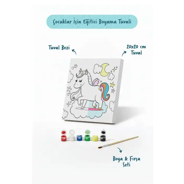 Unicorn Temalı Çocuk Boyama Tuvali Seti – Şövalesiz Eğitici Boyama Seti 20x20 cm
