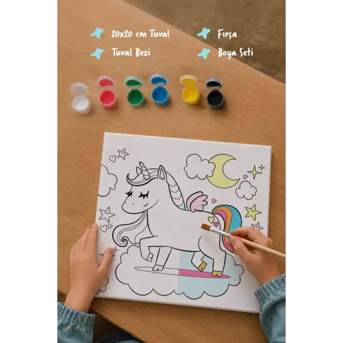 Unicorn Temalı Çocuk Boyama Tuvali Seti – Şövalesiz Eğitici Boyama Seti 20x20 cm