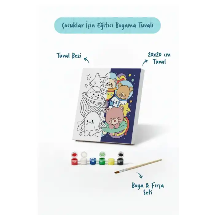 Uzay & Astronot Ayıcık Figürlü Çocuk Boyama Tuvali – Şövalesiz Boya Seti 20x20