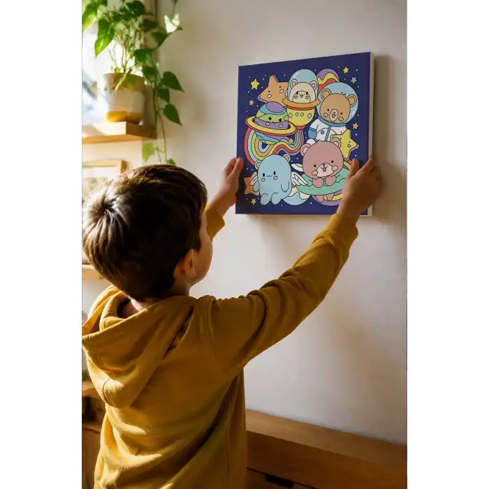 Uzay & Astronot Ayıcık Figürlü Çocuk Boyama Tuvali – Şövalesiz Boya Seti 20x20