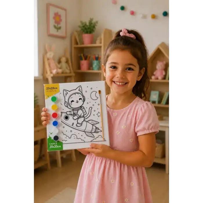 Uzay Kedisi Boyama Tuvali – Şövalesiz Boya Seti 20x20