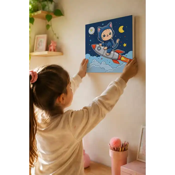 Uzay Kedisi Boyama Tuvali – Şövalesiz Boya Seti 20x20