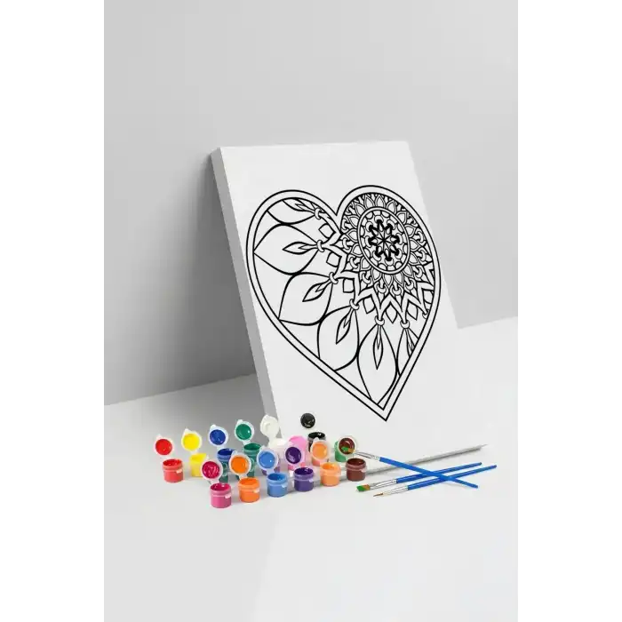 Yapraklı Kalp Desenli Mandala Tuval Boyama Seti 40x50 cm