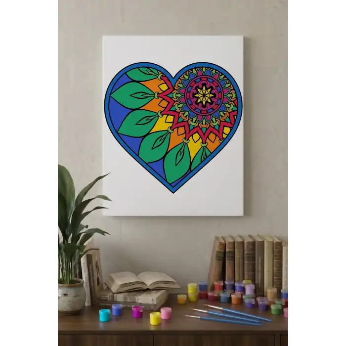 Yapraklı Kalp Desenli Mandala Tuval Boyama Seti 40x50 cm