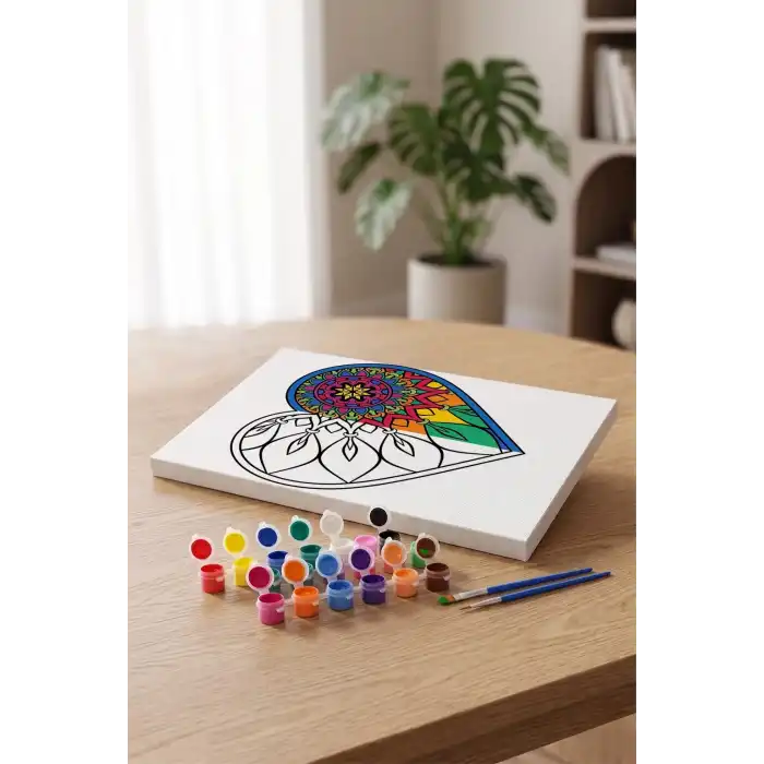 Yapraklı Kalp Desenli Mandala Tuval Boyama Seti 40x50 cm