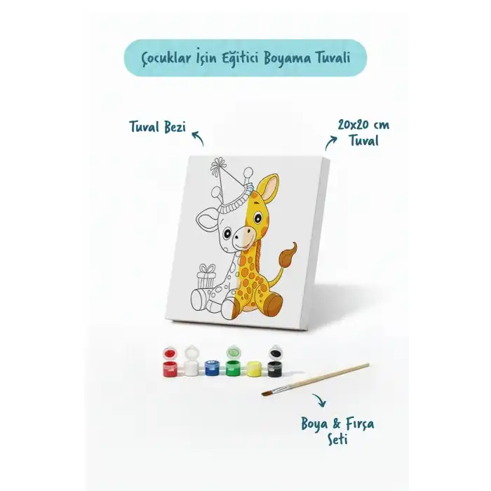Zürafa Figürlü Çocuk Boyama Tuvali – Şövalesiz Boya Seti 20x20