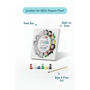 23 Nisan Çocuklar El Ele Temalı Boyama Tuvali – Şövalesiz Boya Seti 20x20