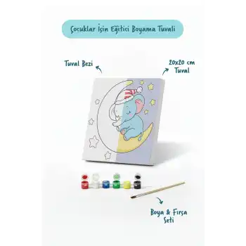 Ay Üzerinde Uyuyan Fil Temalı Çocuk Boyama Tuvali – Şövalesiz Eğitici Boyama Seti 20x20 cm