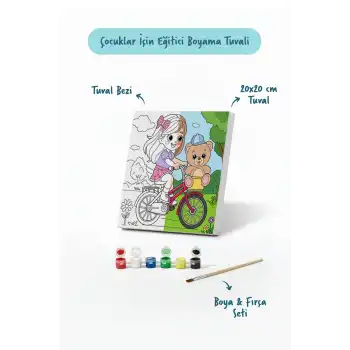 Ayıcıklı Bisiklet Boyama Tuvali – Şövalesiz Boya Seti 20x20